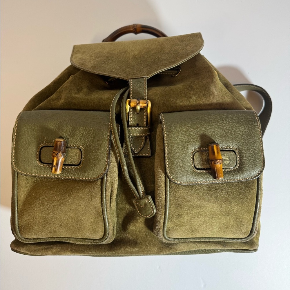 Olive Green Suede Gucci Bamboo Backpack